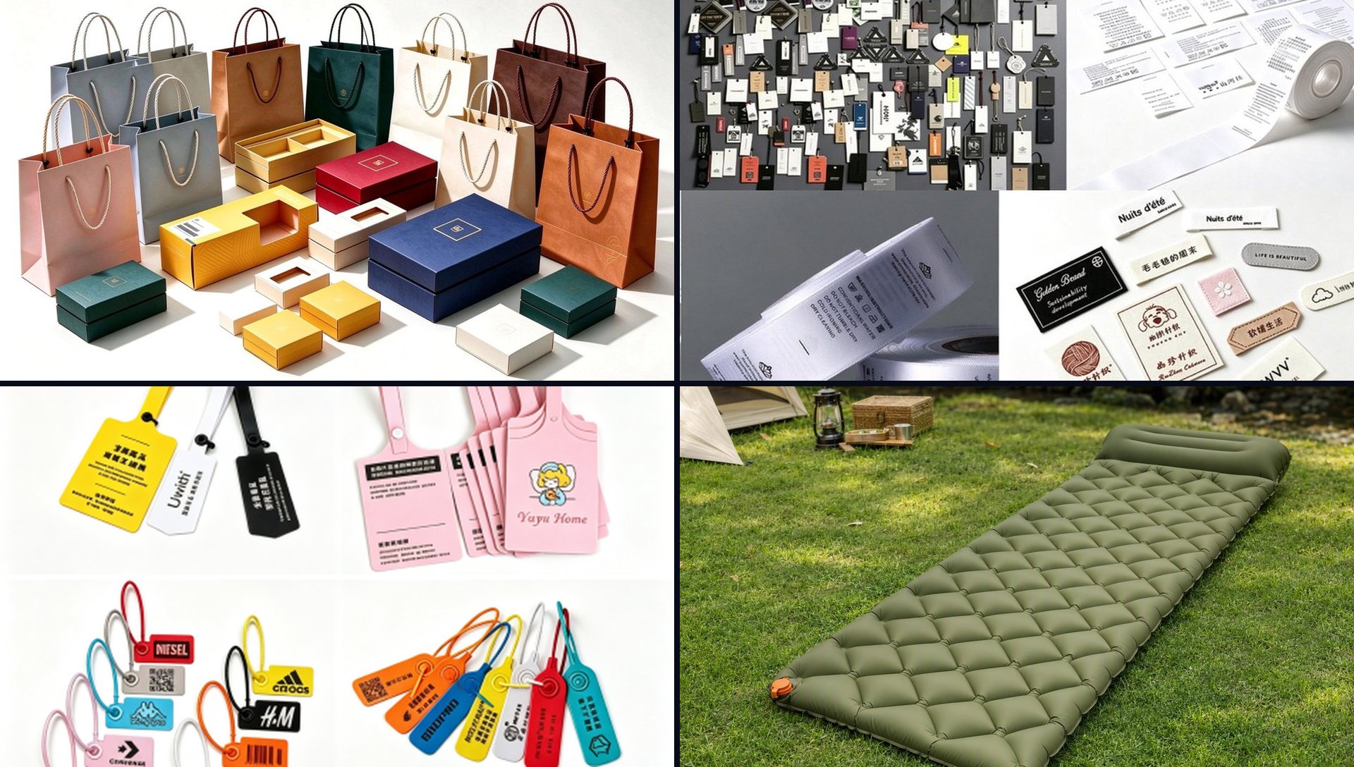 JUNQI four product lines: packaging boxes and bags, garment accessories, security tags and seals, outdoor inflatable gear